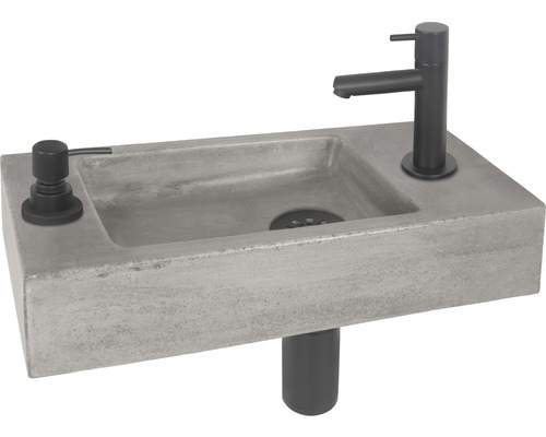 Handwaschbecken-Set aus Beton Jax rechteck inkl. Ablaufventil, Designsiphon, Standventil 42x18,5 cm schwarz matt