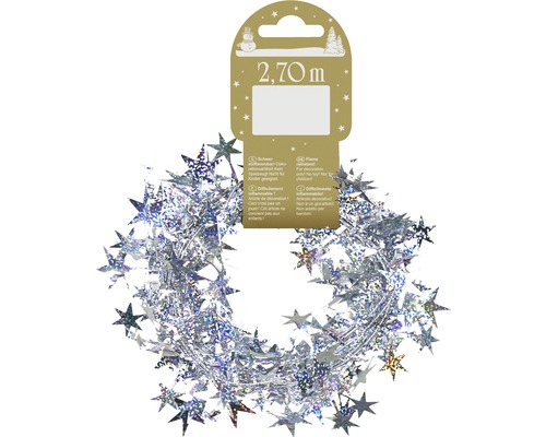 Christbaumschmuck Sterngirlande holographisch Silberne Sterne Lametta Girlande mit 2,70 Meter Länge zur Dekoration