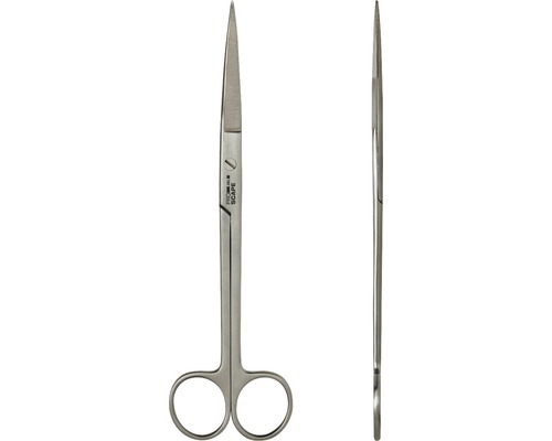 Feine Präparierschere aus Stahl mit spitzer Spitze.