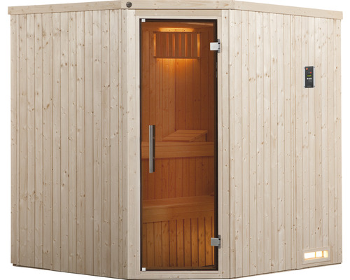 Ecksauna mit Glastür und Holzverkleidung