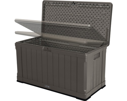 Geöffnete Gartenbox für die Aufbewahrung von Gartenutensilien