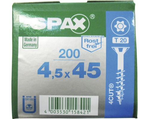 Spax Universalschraube, Edelstahl A2, Senkkopf T 20, Holz-Teilgewinde, 4,5x45 mm, 200 Stück-0