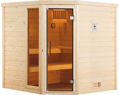 Ecksauna aus Holz mit Glastür und Bedienfeld