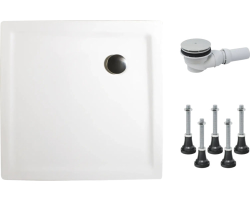 Extraflaches Duschwannen-Set Schulte ExpressPlus EP21201004 100x100x3,5 cm weiß Quadratische Duschwanne mit Ablaufgarnitur und Füßen