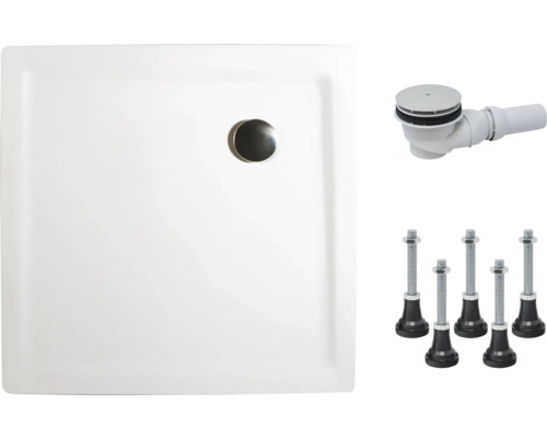 Extraflaches Duschwannen-Set Schulte ExpressPlus EP21209004 90x90x3,5 cm weiß Quadratische Duschwanne mit Ablaufgarnitur und Füßen