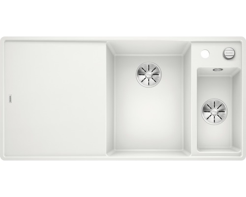 Flächenbündige Spüle Blanco Axia III 6 S-F rechts 500x990 mm mit Esche-Compound-Brückenschneidbrett weiß