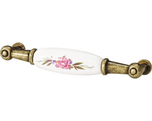 Möbelgriff aus Metall und Keramik mit Blumendekor