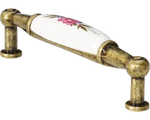 Schrankgriff aus Metall und Keramik mit Blumenmuster