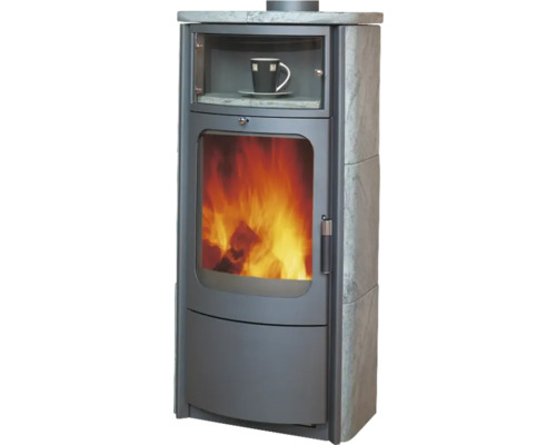 Kaminofen Hark Opera-B Speckstein 5 kW mit Wärmefach Kaminofen mit Holzfeuer und Tasse zur Dekoration