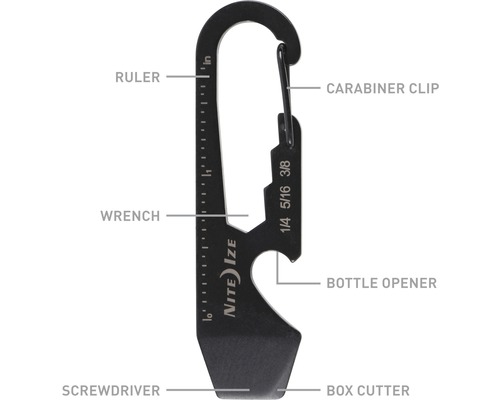 Mehrzweckwerkzeug mit Karabinerclip, Schraubendreher, Schraubenschlüssel, Flaschenöffner, Lineal und Klingenschneider