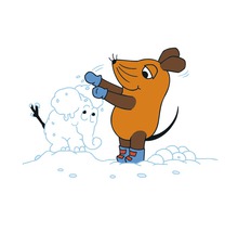 Illustration einer Maus, die eine Schnee-Elefantenfigur formt