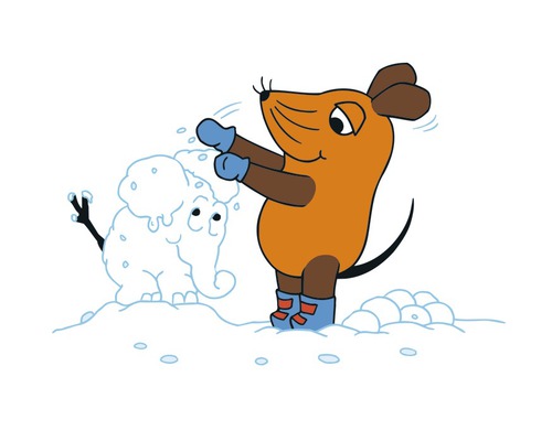 Illustration einer Maus, die eine Schnee-Elefantenfigur formt