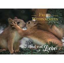 Weihnachtsgrußkarte mit Eichhörnchen und der Aufschrift Frohe Weihnachten und viel Liebe