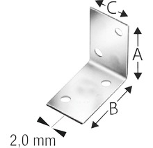 Winkelverbinder mit Abmessungen A, B, C und einer Materialstärke von 2,0 mm