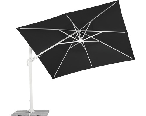 Freiarmschirm mit quadratischem, schwarzem Schirmdach und weißem Gestell