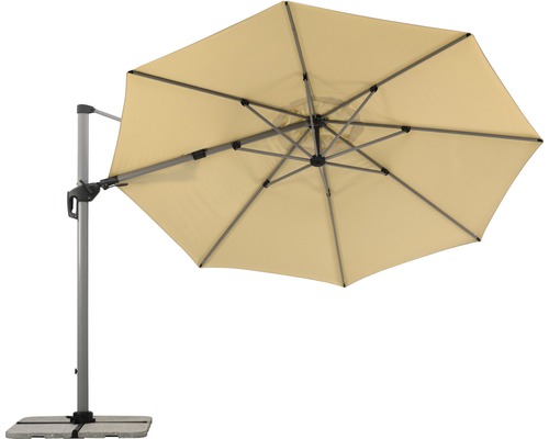 Beiger Sonnenschirm mit Standfuß für den Außenbereich