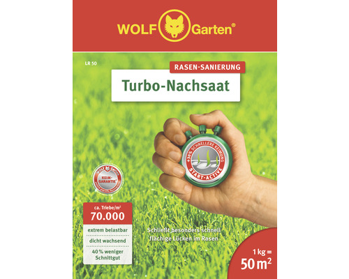 Rasensamen WOLF-Garten 'Nachsaat Turbo' 1 kg / 50 m² Wolf Garten Turbo-Nachsaat für Rasenreparatur, 1 kg Packung