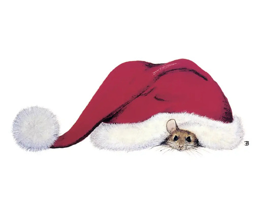 Weihnachtspostkarte Mütze mit Maus 14,8x10,5 cm Illustration einer Maus unter einem Weihnachtsmannhut