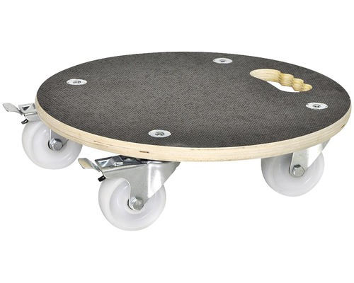 Pflanzenroller WagnerSystem Birke Ø 38 cm Tragkraft 200 kg schwarz Runder Rollbrett aus Holz mit Tragegriff und drei Rollen
