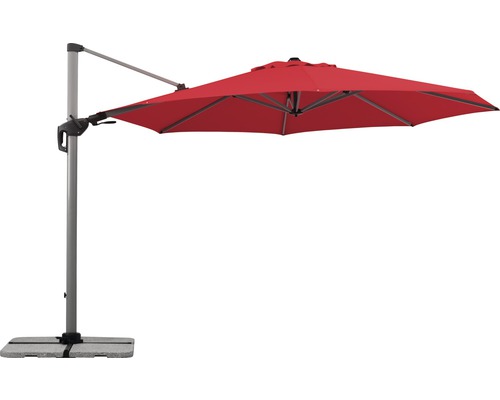 Freiarmschirm mit rotem Schirmdach und grauem Ständer