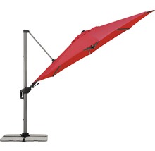 Roter Ampelschirm auf einem Betonsockel