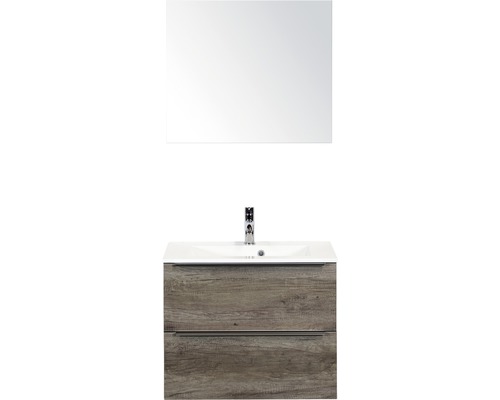Badmöbel-Set Sanox Pulse Mineralguss 170x70x50 cm Mineralgusswaschbecken Nebraska Eiche mit Spiegel