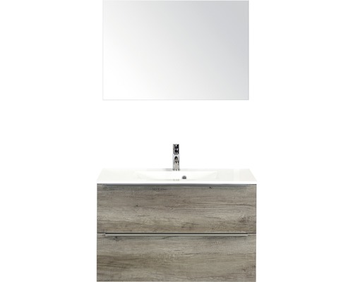 Badmöbel-Set Sanox Pulse Mineralguss 170x90x50 cm Mineralgusswaschbecken Nebraska Eiche mit Spiegel