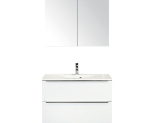 Badmöbel-Set Sanox Pulse Mineralguss 170x90x50 cm Mineralgusswaschbecken weiß glänzend mit Spiegelschrank