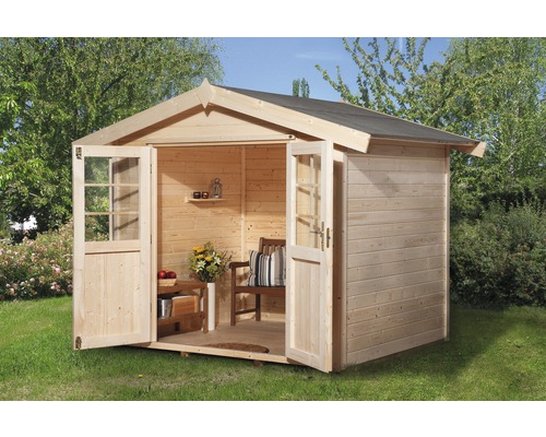 Holzgartenhaus mit Doppeltür und Fensterfront