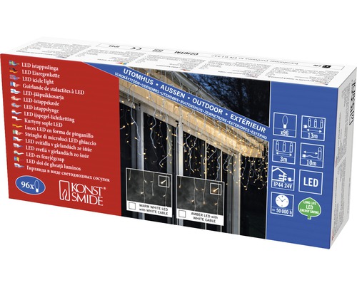 Verpackung einer LED-Eiszapfenlichterkette von Konstsmide für den Außenbereich mit 96 Lampen