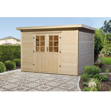 Holzgartenhaus mit Doppeltür und Fenstern im Garten