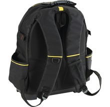 Schwarzer Werkzeugrucksack mit gepolsterten Trägern und mehreren Taschen.