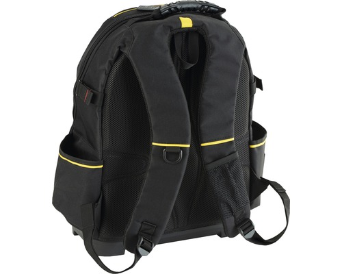 Schwarzer Werkzeugrucksack mit gepolsterten Trägern und mehreren Taschen.