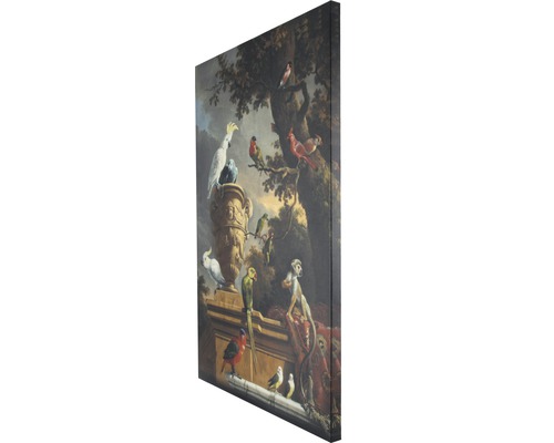Dekorative Leinwand mit einer Abbildung von Papageien, einer Vase und einem Affen.