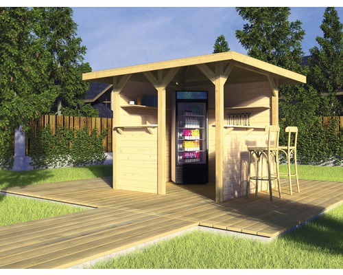 Gartenlaube weka Man Cave Freizeithütte mit Flachdach 218 x 218 cm Holz Gartenpavillon mit Kühlregal, Bartheke und Barhockern