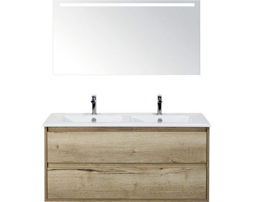 Badmöbel-Set Sanox Porto Keramik 170x121x51 cm Doppel-Keramikwaschbecken eiche natur mit LED-Beleuchtung