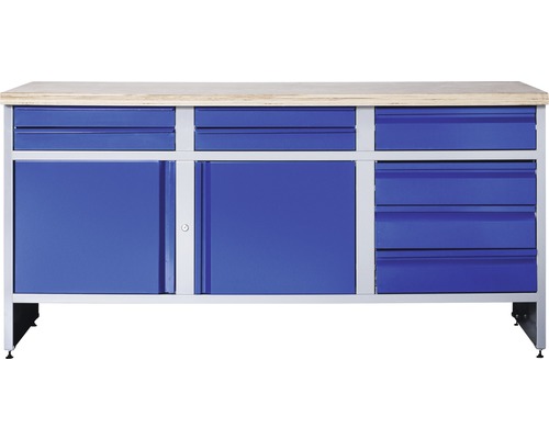 Werkbank Industrial B 5.0 1770 x 880 x 700 mm 2 Türen 8 Schubladen grau/blau Werkbank mit Holzplatte, Schubladen und Schrankfächern
