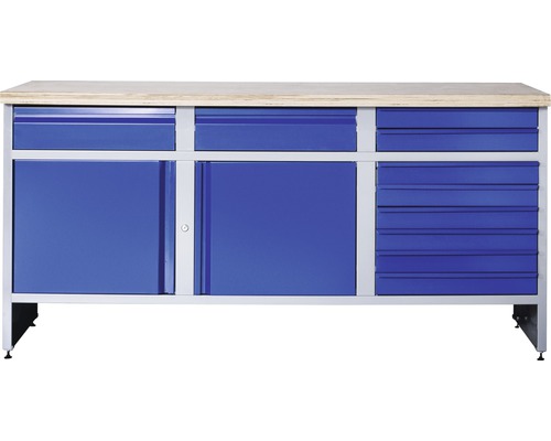 Werkbank Industrial B 6.2 1770 x 880 x 700 mm 2 Türen 10 Schubladen grau/blau Werkbank mit Holzplatte, Schubladen und Schränken