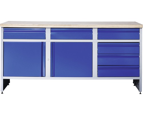 Werkbank Industrial B 4.0 1770 x 880 x 700 mm 2 Türen 6 Schubladen grau/blau Werkbank mit Holzplatte, Schubladen und Schränken