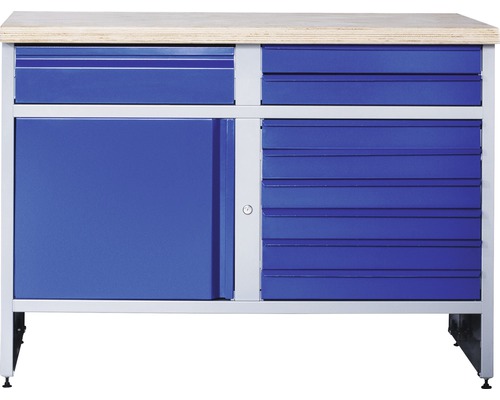 Werkbank Industrial A 4.1 1180 x 880 x 700 mm 1 Tür 9 Schubladen grau/blau Werkbank mit Schubladen und Schranktür
