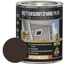 Farbdose Wetterschutzfarbe Plus mit Farbbeispiel und Hornbach Logo
