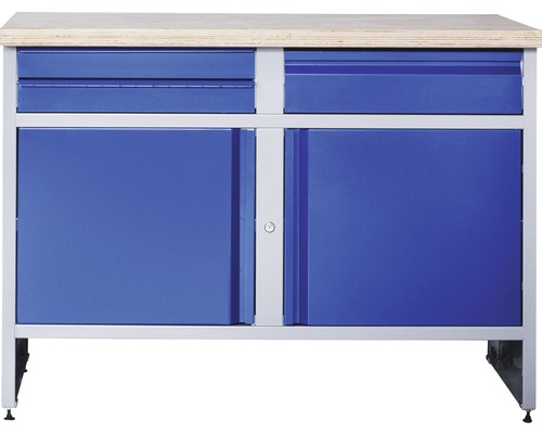 Werkbank Industrial A 3.0 1180 x 880 x 700 mm 2 Türen 3 Schubladen grau/blau Werkbank mit zwei Schubladen und abschließbaren Schränken
