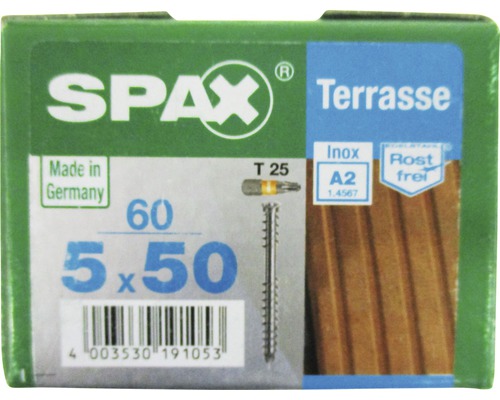 Spax Terrassenschraube, Edelstahl A2 blank, Zylinderkopf T25, Fixiergewinde, 5x50 mm, 60 Stück-0