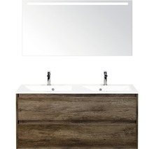 Waschtisch mit zwei Waschbecken, Armaturen, Unterschrank mit Schubladen und Spiegel mit Beleuchtung