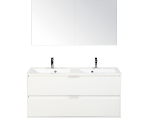 Badmöbel-Set Sanox Porto Mineralguss 170x120x50 cm mit Doppel-Mineralgusswaschbecken weiß hochglanz mit Spiegelschrank