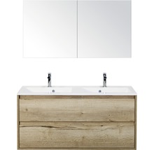 Badmöbel-Set Sanox Porto Mineralguss 170x120x50 cm mit Doppel-Mineralgusswaschbecken Eiche natur mit Spiegelschrank