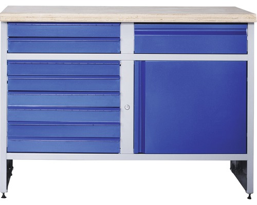 Werkbank Industrial A 4.0 1180 x 880 x 700 mm 1 Tür 9 Schubladen grau/blau Werkbank mit Schubladen und Schrank