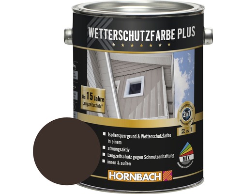 HORNBACH Holzfarbe Wetterschutzfarbe Plus dunkelbraun 2,5 L Wetterschutzfarbe Plus im Metalleimer mit Farbbeispiel und Hornbach Logo