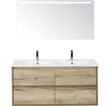 Badmöbel-Set Sanox Porto Keramik 170x121x51 cm Doppel-Keramikwaschbecken 4 Schubladen Eiche Natur mit LED-Beleuchtung