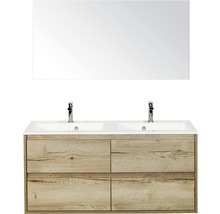 Badmöbel-Set Sanox Porto Mineralguss 170x120x50 cm Doppel-Mineralgusswaschbecken 4 Schubladen Eiche natur mit Spiegel